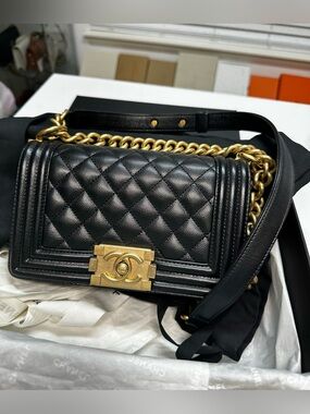 AUTHENTIC CHANEL Black Quilted Leather Boy Bag with Gold Hardware
